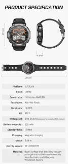 Knobbout 1.43” AMOLED Smartwatch – 466×466 HD Scherm – 5ATM Waterdicht (tot 50m) – LED Zaklamp + UV-Licht + SOS Noodflits – Bluetooth Bellen – 525mAh Lange Batterijduur – Outdoor & Sporthorloge voor Android/iOS-Zwart