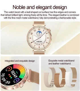 Knobbout 1.6” Elegant Design Smartwatch met Bluetooth Bellen – AI Spraakassistent - Muziekbediening - Vrouwelijke Gezondheidszorg - Sporttracking- Multifuntioneel Horloge - Gouden staal + silicone band
