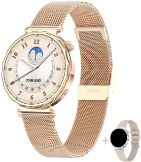 Knobbout 1.6” Elegant Design Smartwatch met Bluetooth Bellen – AI Spraakassistent - Muziekbediening - Vrouwelijke Gezondheidszorg - Sporttracking- Multifuntioneel Horloge - Gouden staal + silicone band