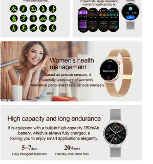 Knobbout 1.6” Elegant Design Smartwatch met Bluetooth Bellen – AI Spraakassistent - Muziekbediening - Vrouwelijke Gezondheidszorg - Sporttracking- Multifuntioneel Horloge - Gouden staal + silicone band