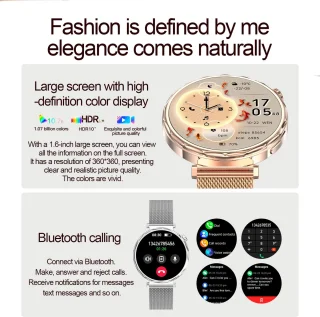 Knobbout 1.6” Elegant Design Smartwatch met Bluetooth Bellen – AI Spraakassistent - Muziekbediening - Vrouwelijke Gezondheidszorg - Sporttracking- Multifuntioneel Horloge - Gouden staal + silicone band