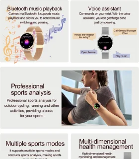 Knobbout 1.6” Elegant Design Smartwatch met Bluetooth Bellen – AI Spraakassistent - Muziekbediening - Vrouwelijke Gezondheidszorg - Sporttracking- Multifuntioneel Horloge - Gouden staal + silicone band