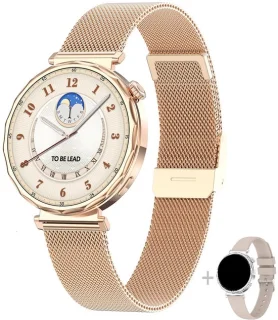 Knobbout 1.6” Elegant Design Smartwatch met Bluetooth Bellen – AI Spraakassistent - Muziekbediening - Vrouwelijke Gezondheidszorg - Sporttracking- Multifuntioneel Horloge - Gouden staal + silicone band