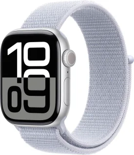 Apple Watch Series 10 - Wifi + 4G - 46mm - Zilveren Aluminium Case met Blauw Cloud Geweven Sportbandje