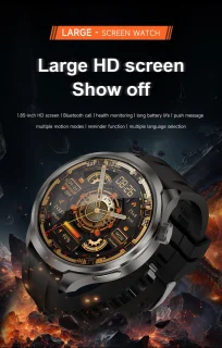 Knobbout 1.85" Ultra-HD Sport Smartwatch – Kompas, Hoogtemeter, GPS-sporttrajectregistratie - NFC - Bluetooth Bellen - bloeddruk, zuurstofniveau (SpO₂) Gezondheidsmonitoring - AI Assistent - IP67 Waterdicht - 410mAh Accu- Zwart Leren+Siliconen Band