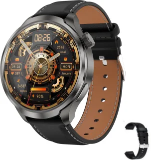 Knobbout 1.85" Ultra-HD Sport Smartwatch – Kompas, Hoogtemeter, GPS-sporttrajectregistratie - NFC - Bluetooth Bellen - bloeddruk, zuurstofniveau (SpO₂) Gezondheidsmonitoring - AI Assistent - IP67 Waterdicht - 410mAh Accu- Zwart Leren+Siliconen Band