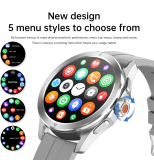 Knobbout 1.53" NFC Smartwatch – Kompas-Bluetooth Bellen - Gezondheidstracker & AI Assistent – Draadloos Opladen- IP67 - 300mAh -Bruin Leren + Siliconen Band