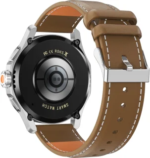 Knobbout 1.53" NFC Smartwatch – Kompas-Bluetooth Bellen - Gezondheidstracker & AI Assistent – Draadloos Opladen- IP67 - 300mAh -Bruin Leren + Siliconen Band