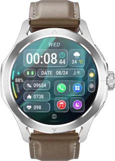 Knobbout 1.53" NFC Smartwatch – Kompas-Bluetooth Bellen - Gezondheidstracker & AI Assistent – Draadloos Opladen- IP67 - 300mAh -Bruin Leren + Siliconen Band