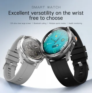 Knobbout 1.53" NFC Smartwatch – Kompas-Bluetooth Bellen - Gezondheidstracker & AI Assistent – Draadloos Opladen- IP67 - 300mAh -Bruin Leren + Siliconen Band