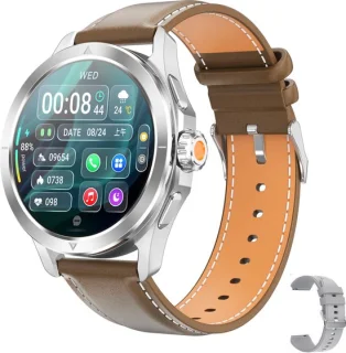 Knobbout 1.53" NFC Smartwatch – Kompas-Bluetooth Bellen - Gezondheidstracker & AI Assistent – Draadloos Opladen- IP67 - 300mAh -Bruin Leren + Siliconen Band