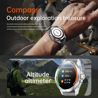 Knobbout 1.53" NFC Smartwatch – Kompas-Bluetooth Bellen - Gezondheidstracker & AI Assistent – Draadloos Opladen- IP67 - 300mAh -Zwart Leren + Siliconen Band