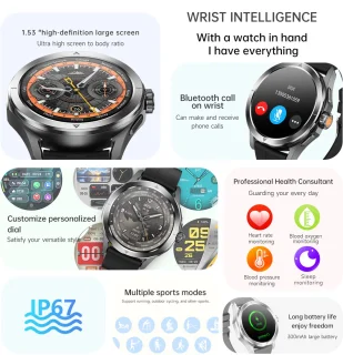 Knobbout 1.53" NFC Smartwatch – Kompas-Bluetooth Bellen - Gezondheidstracker & AI Assistent – Draadloos Opladen- IP67 - 300mAh -Zwart Leren + Siliconen Band