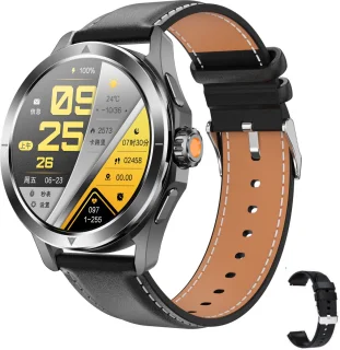 Knobbout 1.53" NFC Smartwatch – Kompas-Bluetooth Bellen - Gezondheidstracker & AI Assistent – Draadloos Opladen- IP67 - 300mAh -Zwart Leren + Siliconen Band