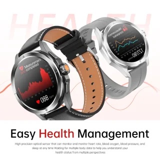 Knobbout 1.53" NFC Smartwatch – Kompas-Bluetooth Bellen - Gezondheidstracker & AI Assistent – Draadloos Opladen- IP67 - 300mAh -Zwart Leren + Siliconen Band