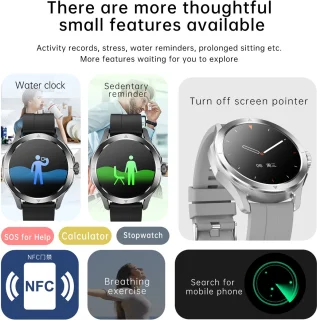 Knobbout 1.53" NFC Smartwatch – Kompas-Bluetooth Bellen - Gezondheidstracker & AI Assistent – Draadloos Opladen- IP67 - 300mAh -Zwart Leren + Siliconen Band