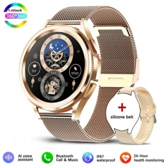 Knobbout Slimme Bluetooth Smartwatch 1.46" – Full HD Kleuren Display – Hartslag & Bloeddruk & Bloedzuurstof – Bluetooth Bellen, Muziek, AI Spraakbesturing – Vrouwen Gezondheid, Waterdicht – iOS & Android - Roségouden staal+silicone horlogebandjes