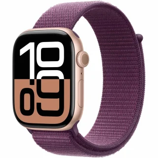 Apple Watch Series 10 46mm Roségouden aluminium case met Plum geweven sportbandje