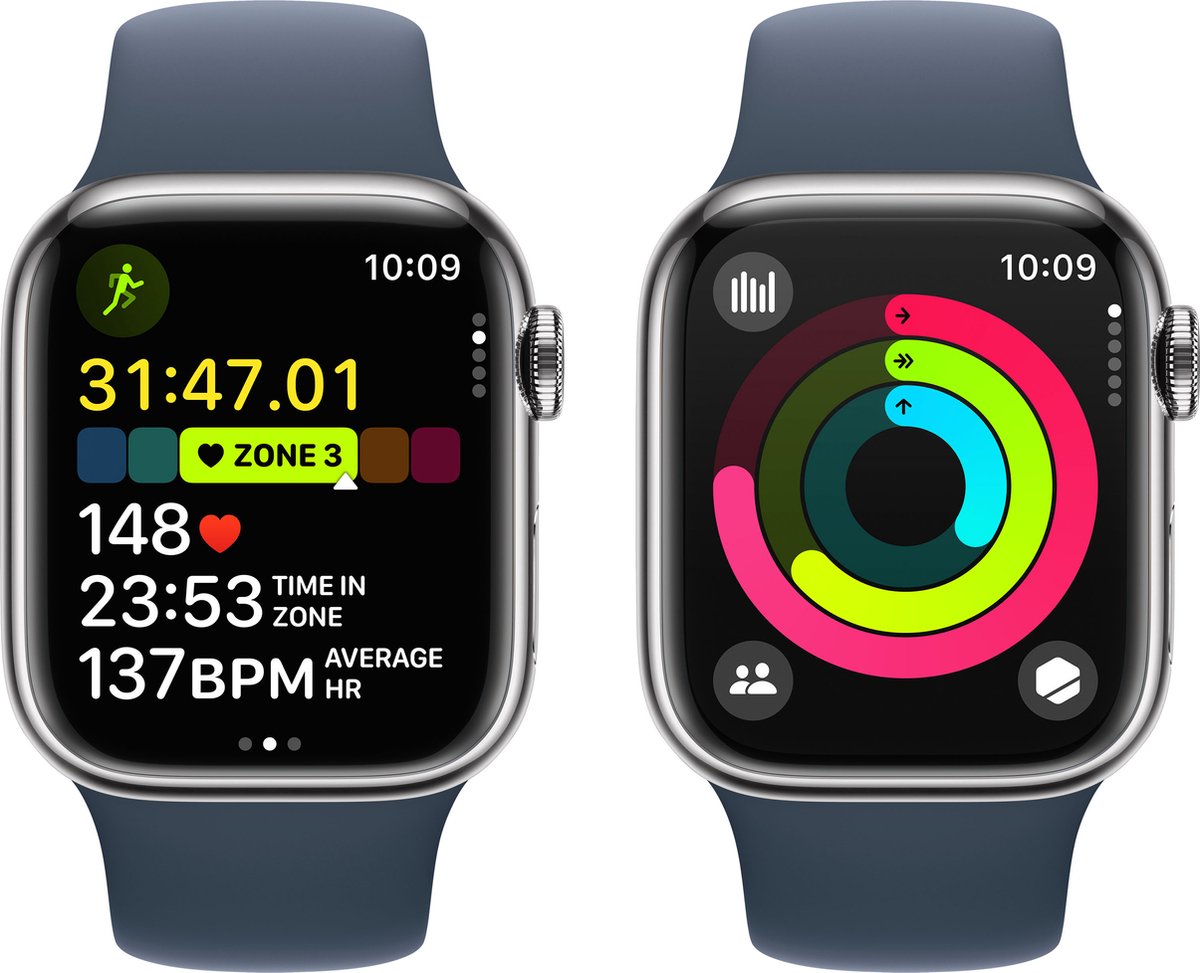 Apple Watch Series 9 41mm Silver Stainless Steel GPS + Cellular Storm Blue Sport Band S/M