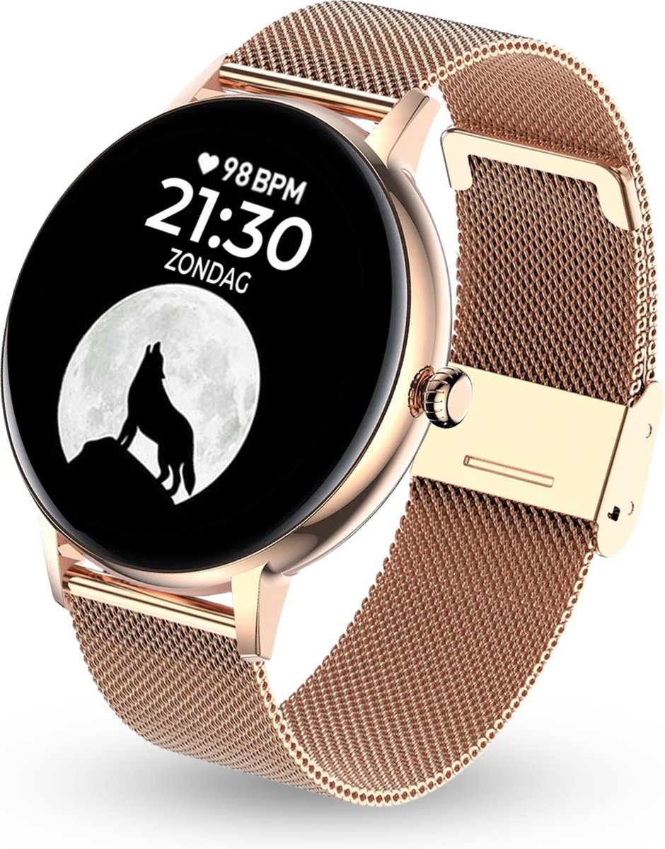 De AyeWay Smartwatch Rond Roze Stalen Band in één oogopslag