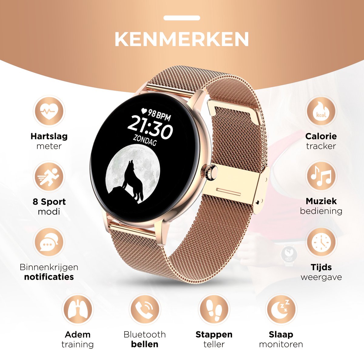 Wat vinden we goed aan de AyeWay Smartwatch Rond Roze Stalen Band