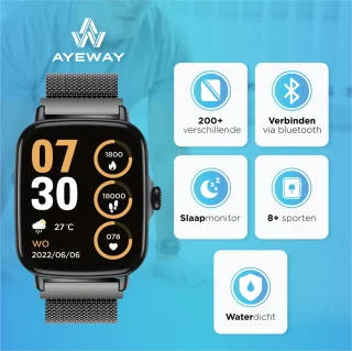 AyeWay Smartwatch Stalen Band Zwart
