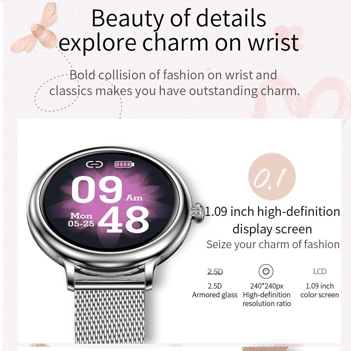 DrPhone NY1 2.5 Curve Smartwatch Vrouwen Brons Goud