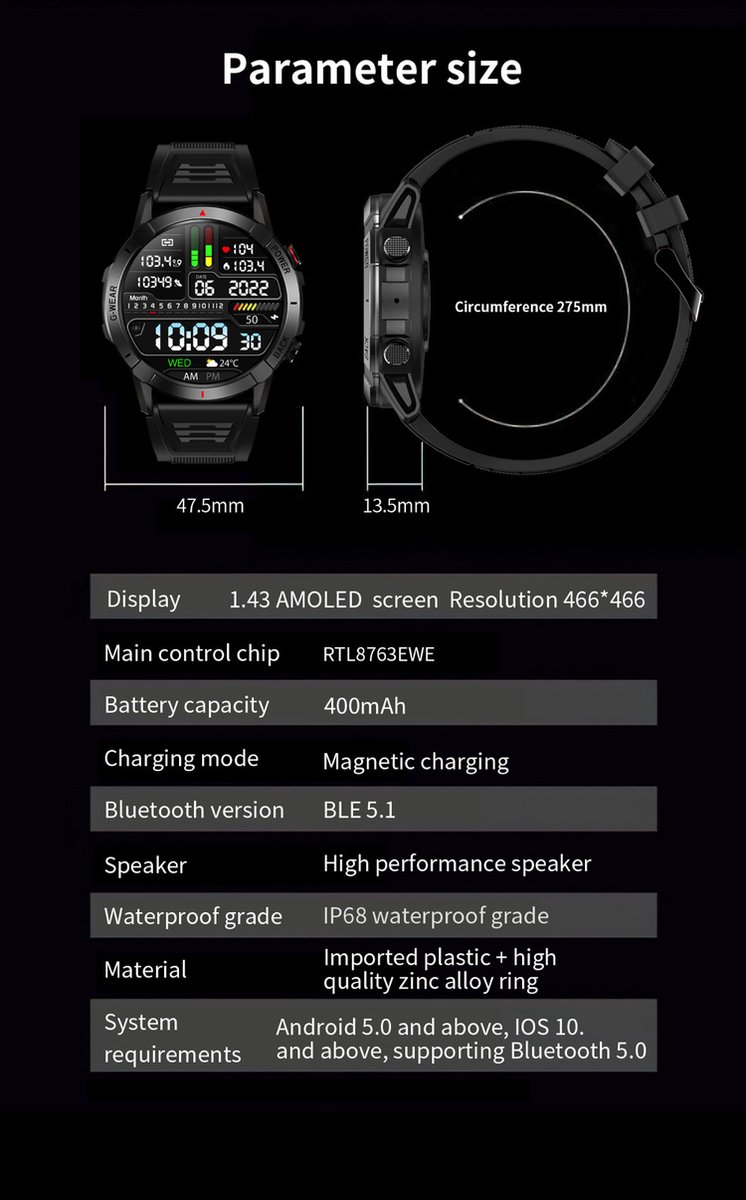 DrPhone SpectraView AMOLED 1.4" Slimme Horloge