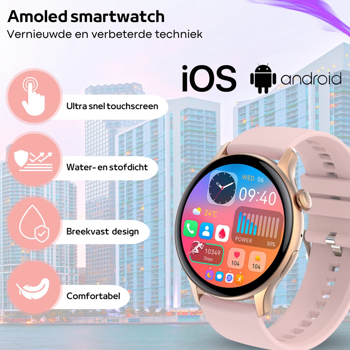 FOXLY® Amoled Smartwatch 46mm Roze Dames