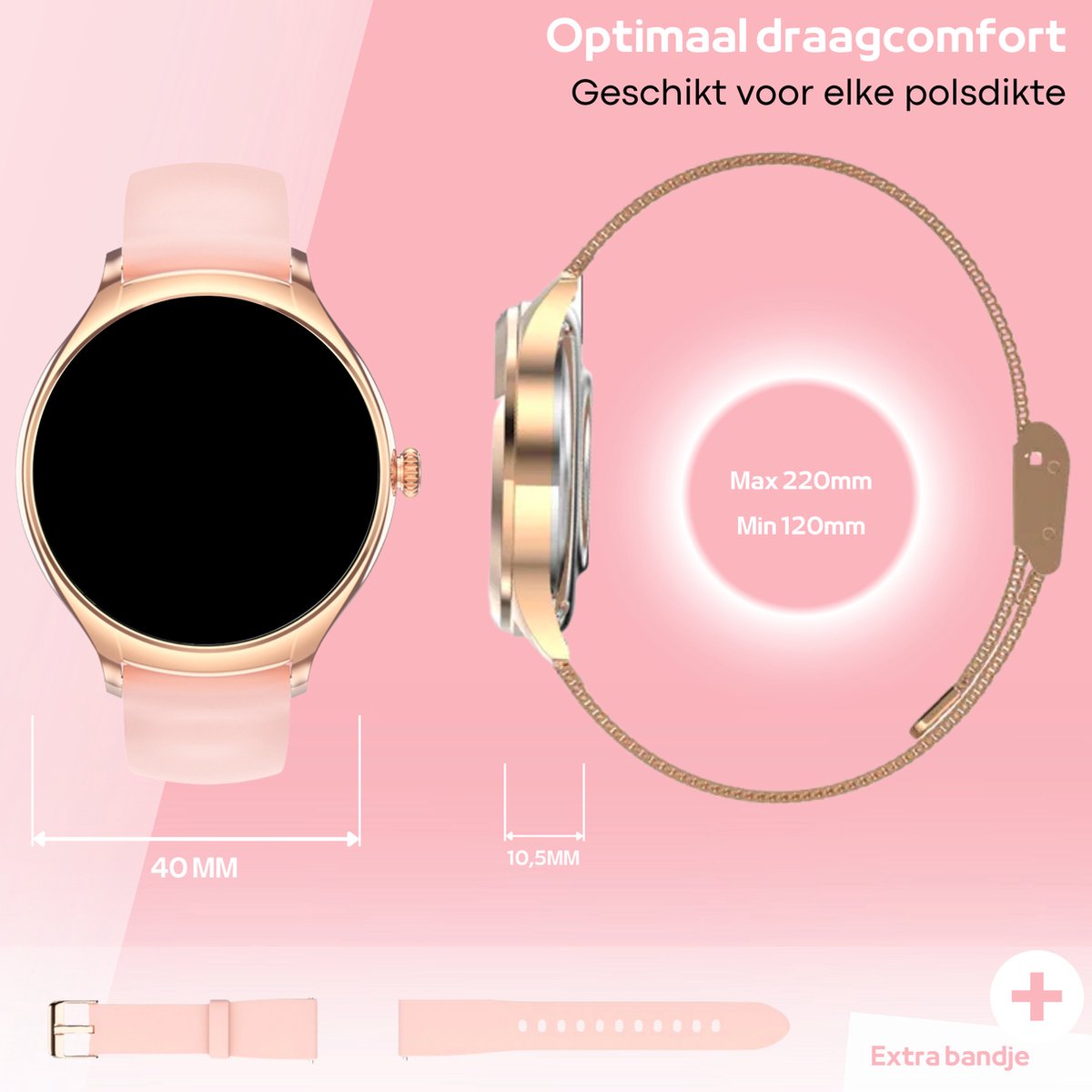 FOXLY® Smartwatch Dames Rose Goud HD Touchscreen