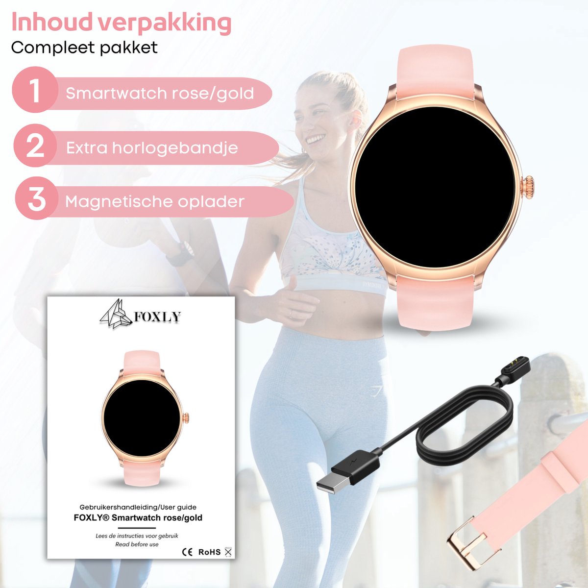 FOXLY® Smartwatch Dames Rose Goud HD Touchscreen