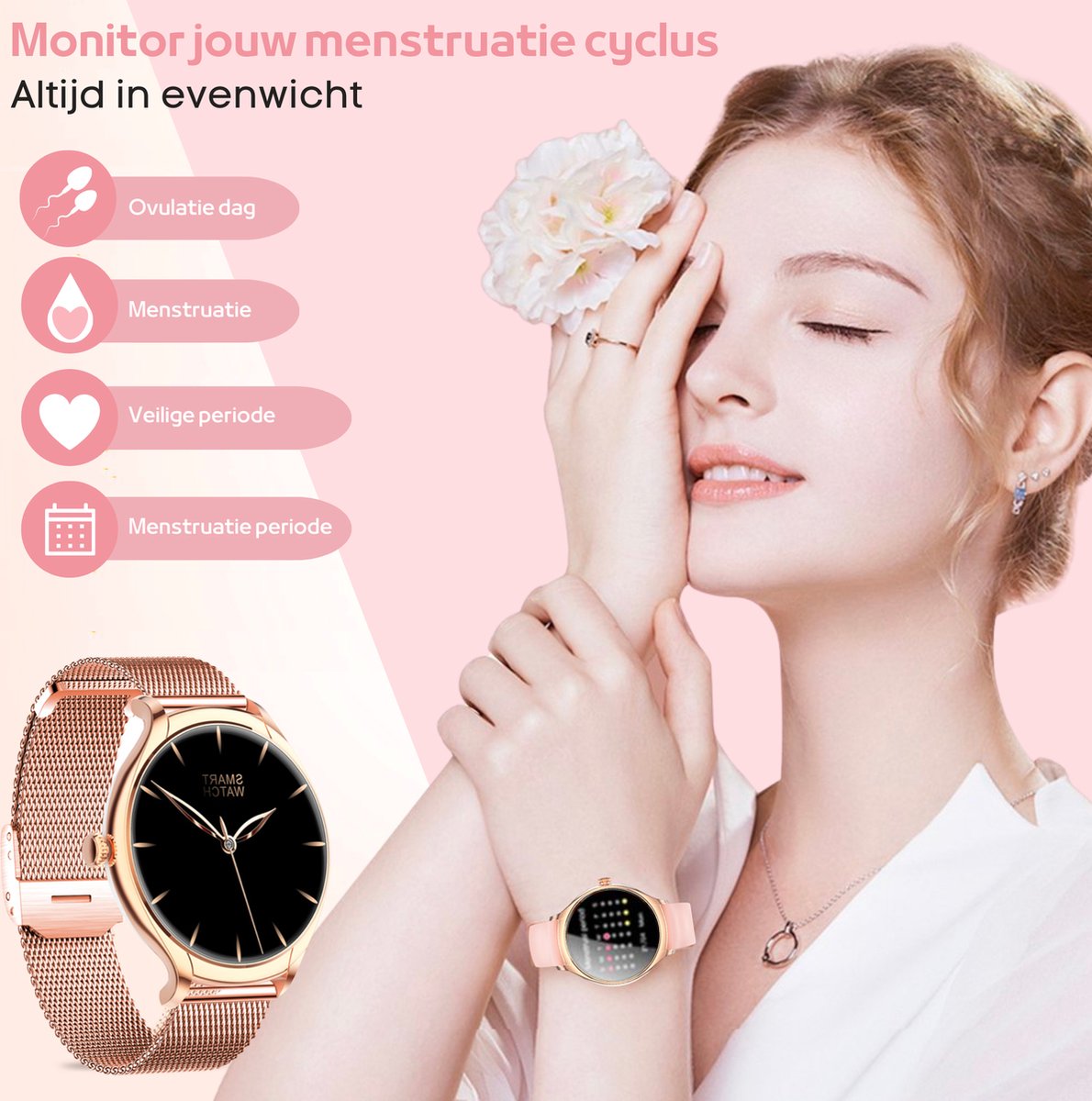 FOXLY® Smartwatch Dames Rose Goud HD Touchscreen