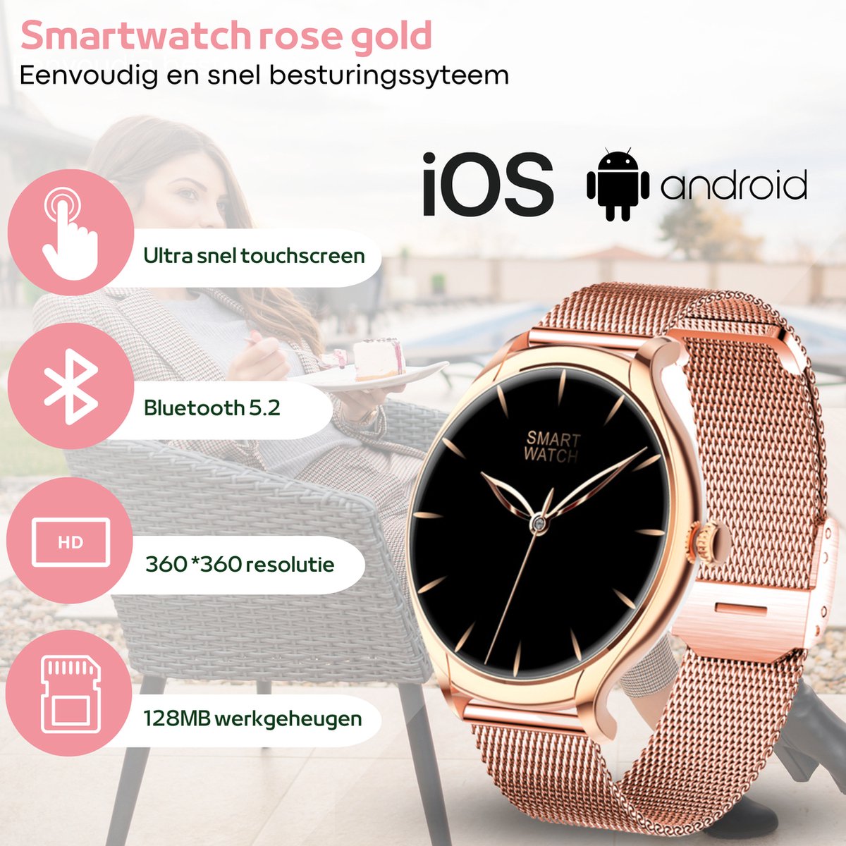 FOXLY® Smartwatch Dames Rose Goud HD Touchscreen