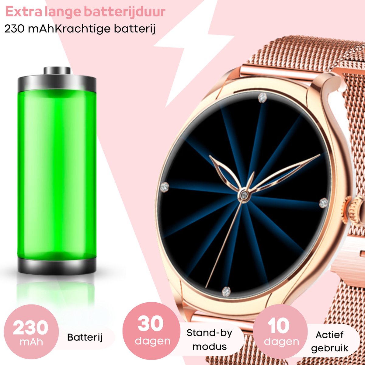 FOXLY® Smartwatch Dames Rose Goud HD Touchscreen