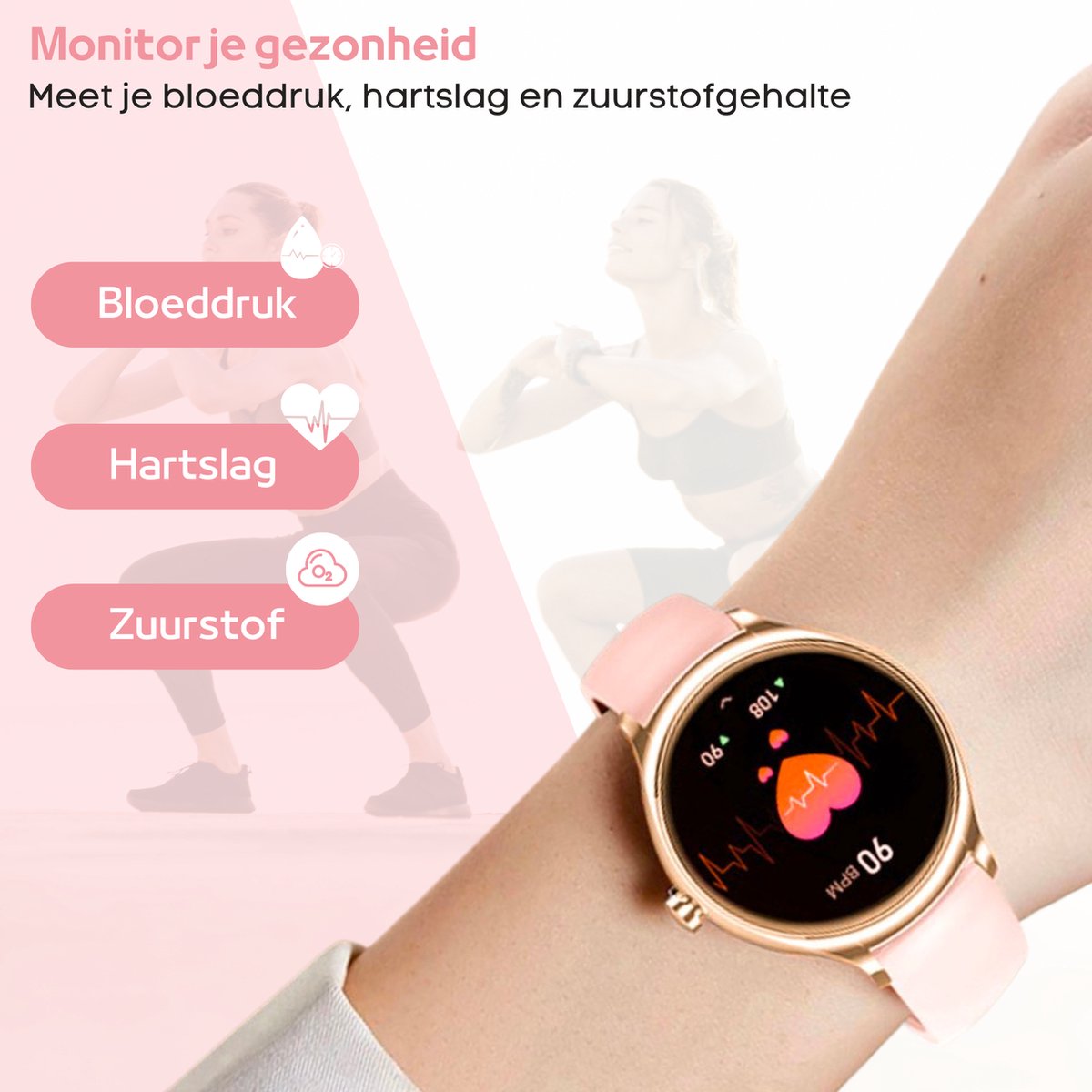 FOXLY® Smartwatch Dames Rose Goud HD Touchscreen