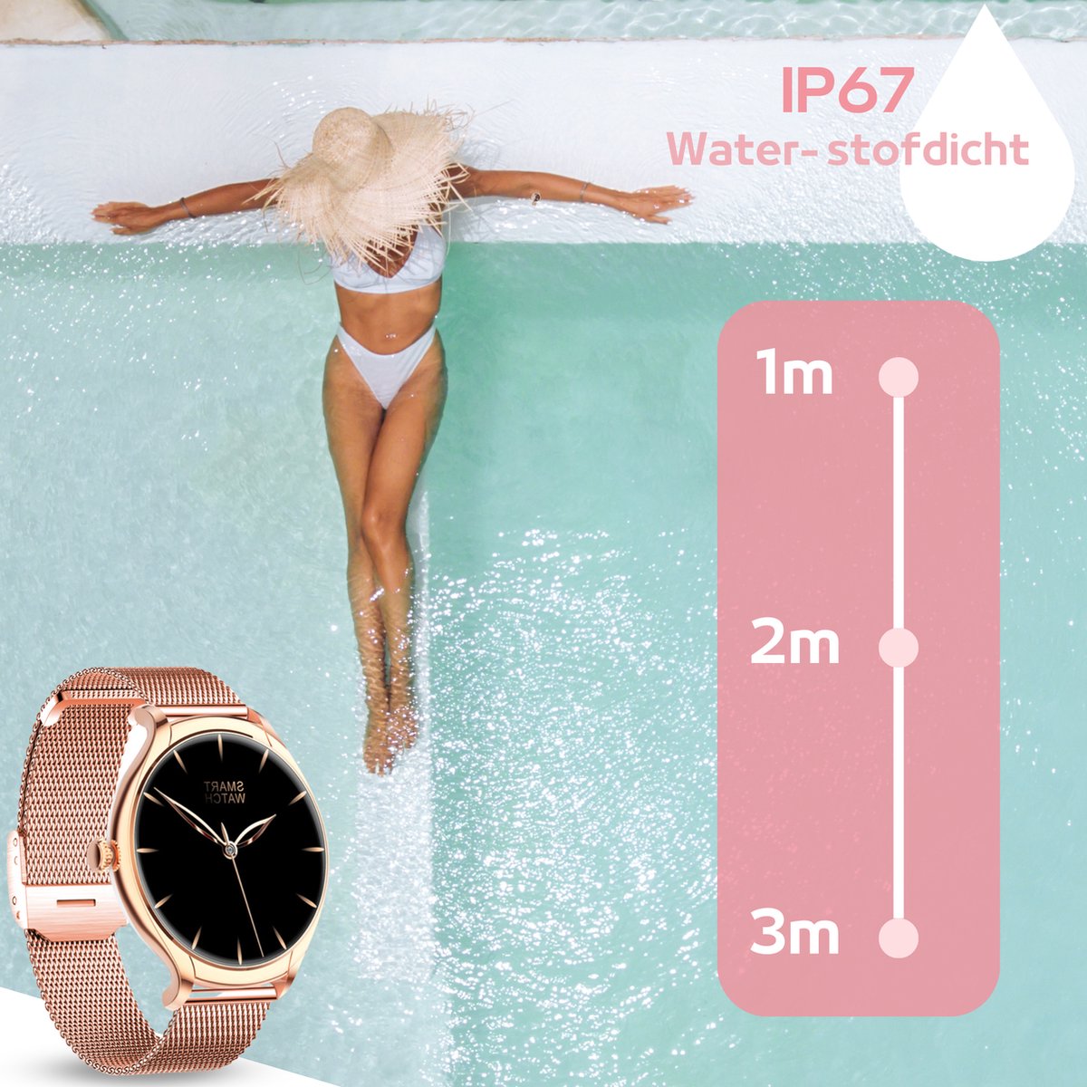 FOXLY® Smartwatch Dames Rose Goud HD Touchscreen