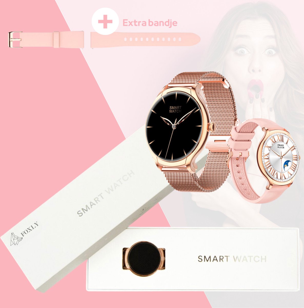 FOXLY® Smartwatch Dames Rose Goud HD Touchscreen