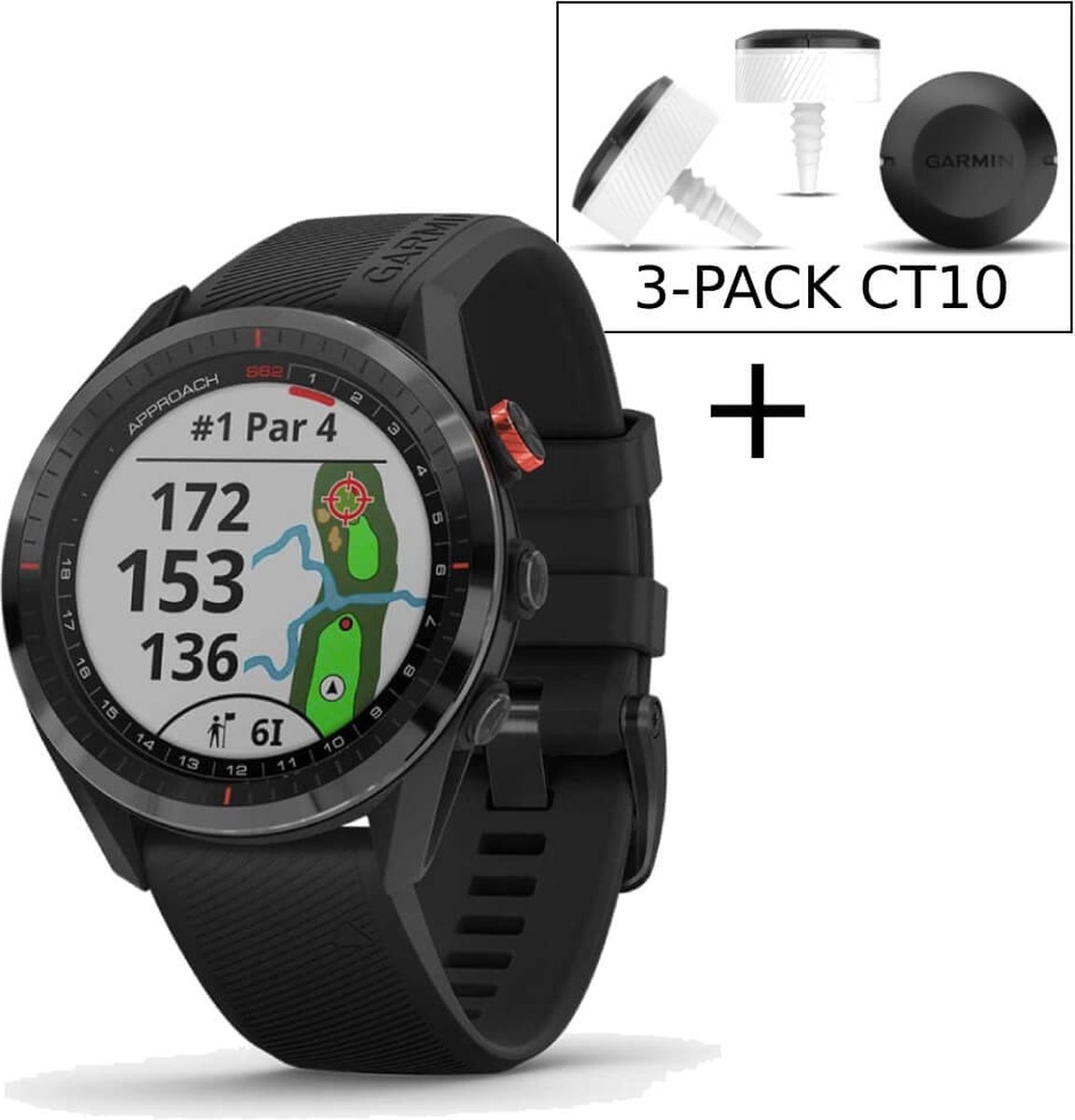De Garmin Approach S62 GPS Golfhorloge + CT10 Sensor 3-Pack in één oogopslag