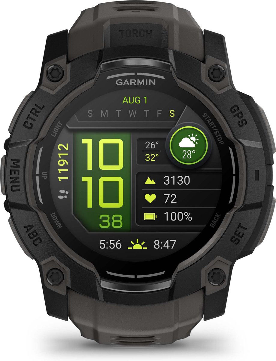 De Garmin Instinct 3 AMOLED Black Bezel Charcoal Band in één oogopslag
