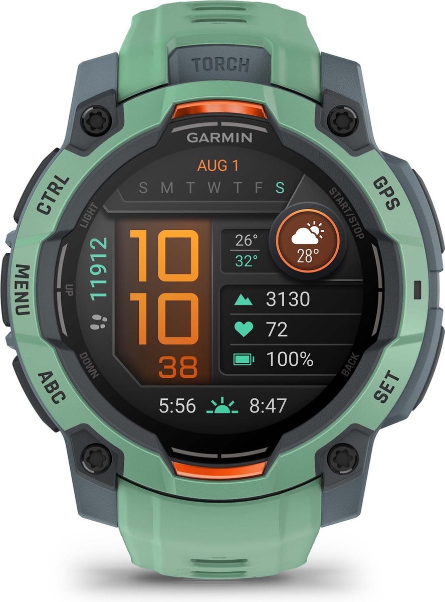 De Garmin Instinct 3 AMOLED Neo Tropic in één oogopslag