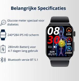 GlucoWatch ECG Hartslagmeter Smartwatch Zwart
