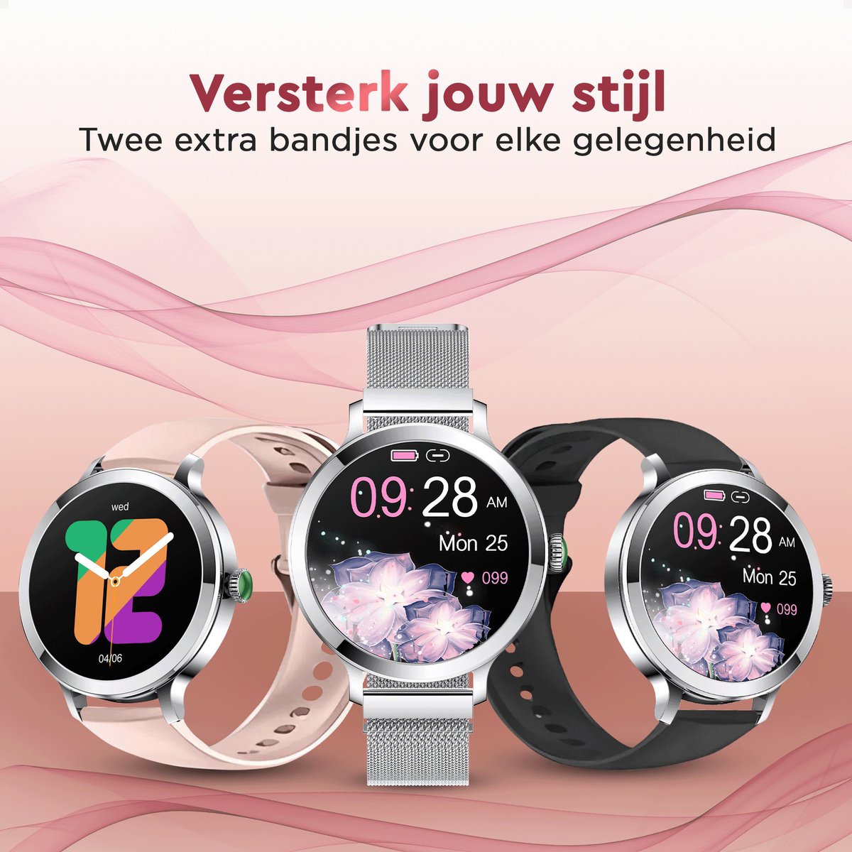 Wat vinden we goed aan de Golden Sound AMOLED Smartwatch Dames 40mm Zilver inclusief 3 bandjes