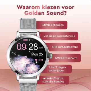 Golden Sound AMOLED Smartwatch Dames 40mm Zilver inclusief 3 bandjes