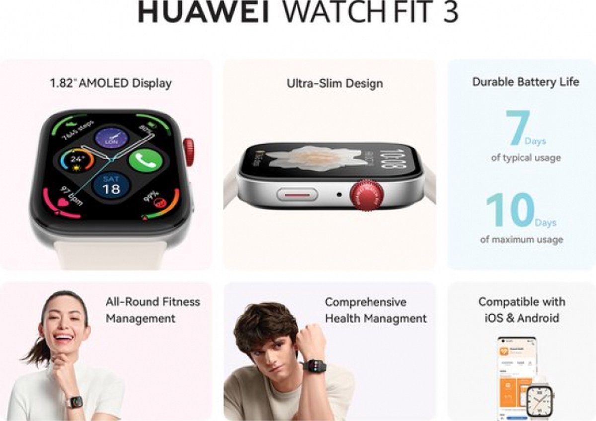Wat vinden we goed aan de Huawei Watch Fit 3 43mm Grijs Nylon Smartwatch