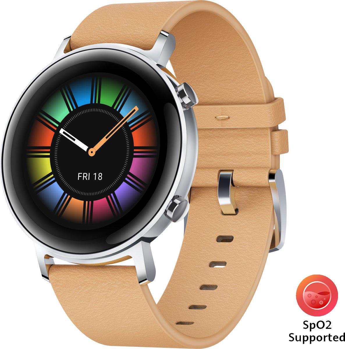 Wat vinden we goed aan de Huawei Watch GT 2 42mm Smartwatch Dames Khaki Lederen Band