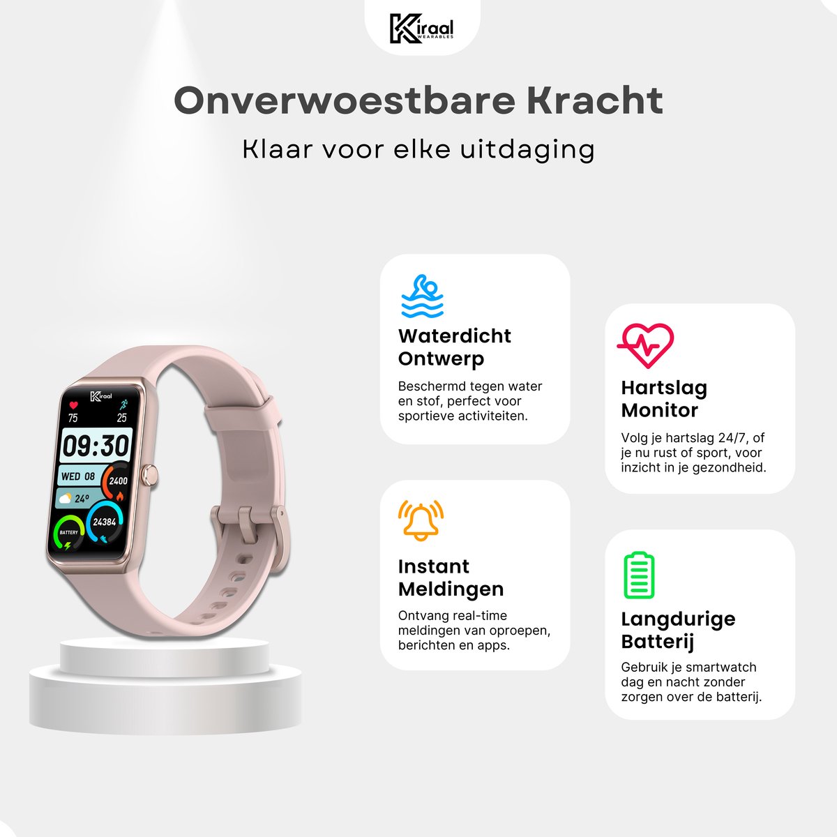 Wat vinden we goed aan de Kiraal Venture Active AMOLED Smartwatch Rose