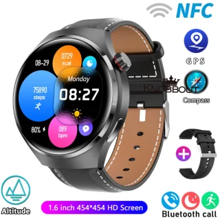 Knobbout 1.6 inch HD Horloge Zwart Leren & Siliconen Band