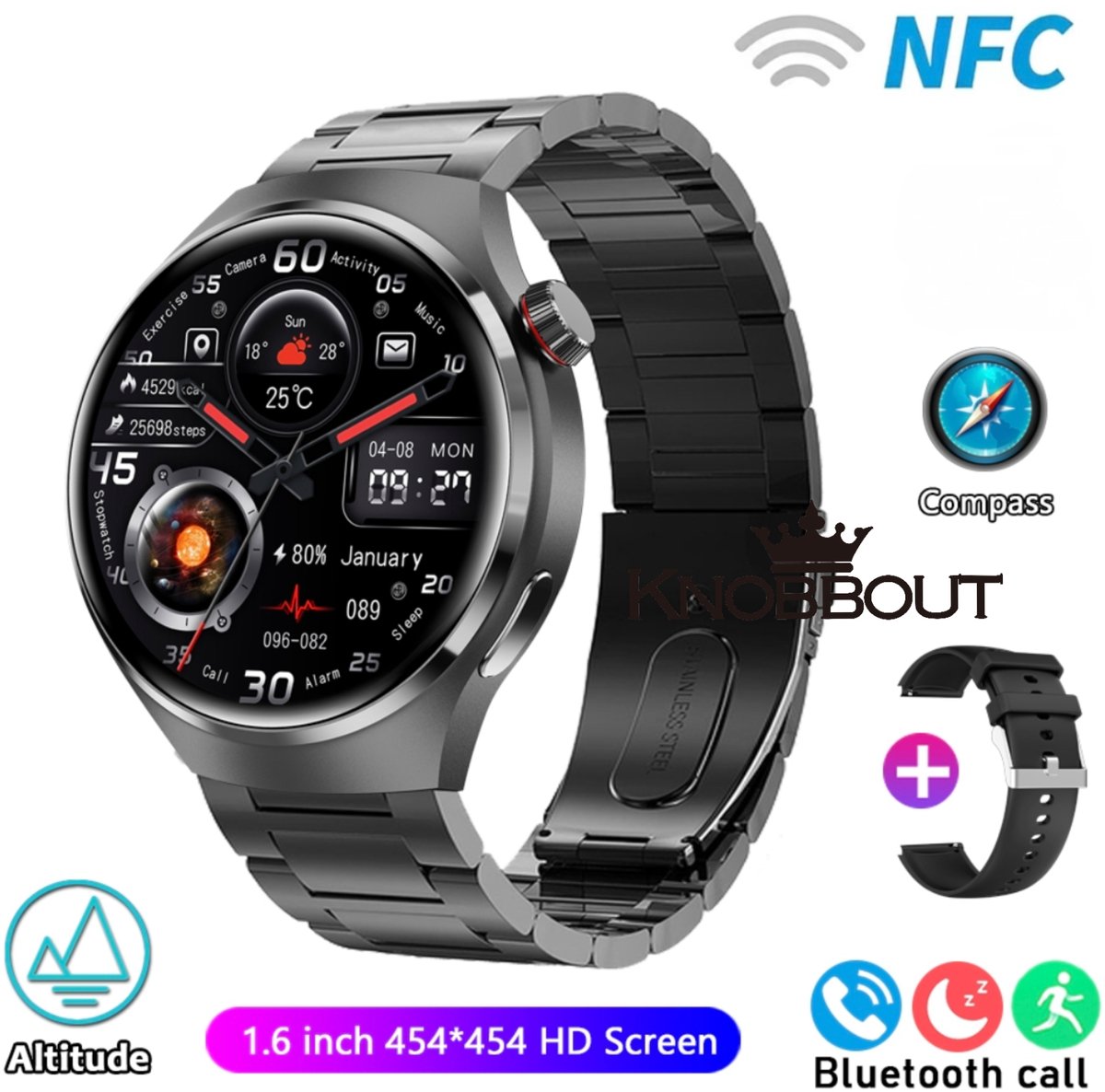 De Knobbout 1.6 inch HD Smartwatch Zwart Staal/Siliconen in één oogopslag