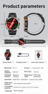 Knobbout 1.7" Outdoor Smartwatch - Zwart Staal met Siliconen Band