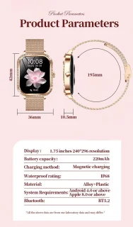 Knobbout 1,75 inch HD smartwatch goud staal roze siliconen damesmodel